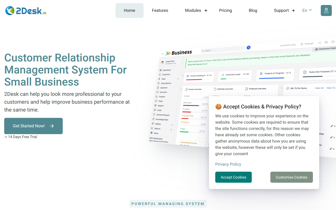 Screenshot of 2Desk: All-in-One CRM & Invoicing for Small Businesses